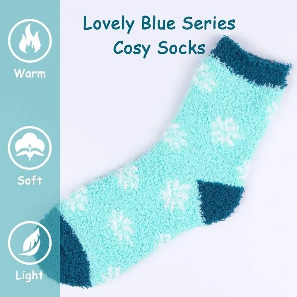 3 Pairs Women’s Fuzzy Cozy Slipper Socks Winter Warm Soft Plush Blue Size 9-11